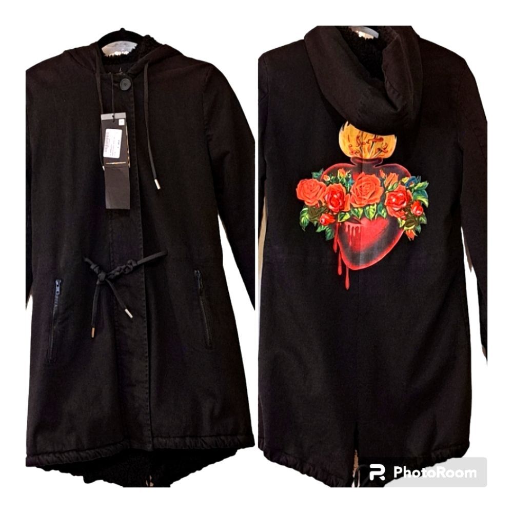 Happiness Made in Italy Embroidered Heart Mid Length Coat Whimsical Gothic Style